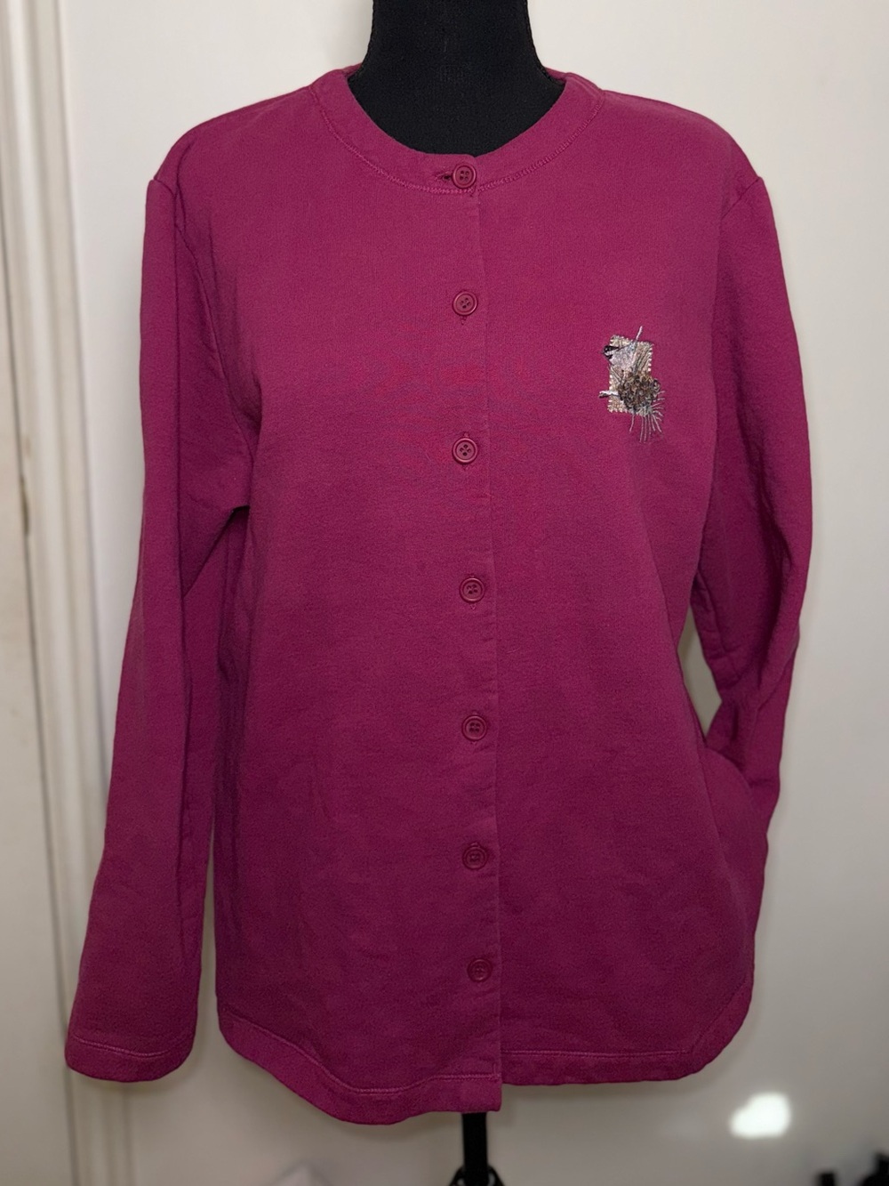 Vintage Artisans Magenta Pinecone Embroidered Fleece Cardigan Jacket XL